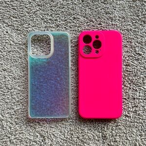 iPhone 15 Pro Max Case Bundle Pink Silicone & Iridescent Clear